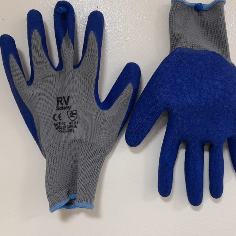 Grey Polyester Gloves (with Blue Crinkle Latex Coated)